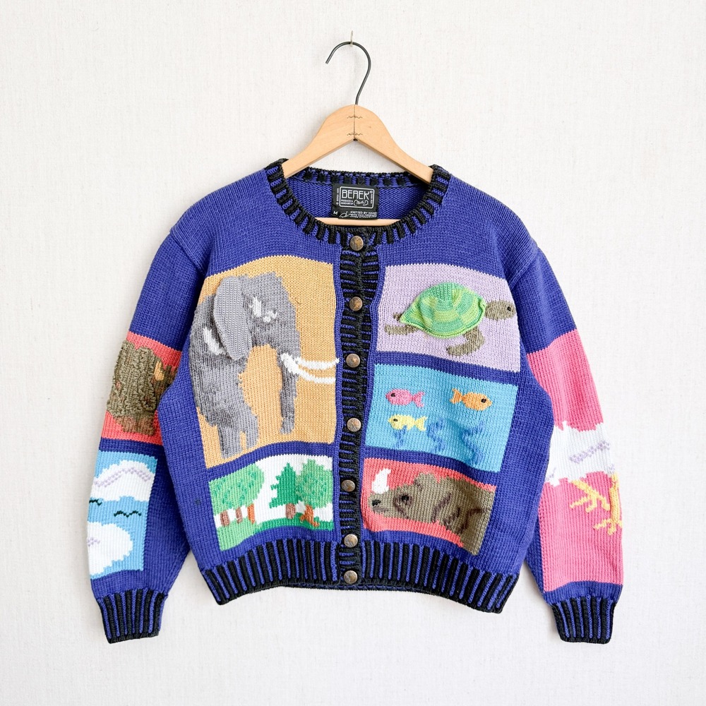 Berek Cardigan Vintage 1989 Animal Intarsia Hand Knit Pima Cotton M Blue Eagle